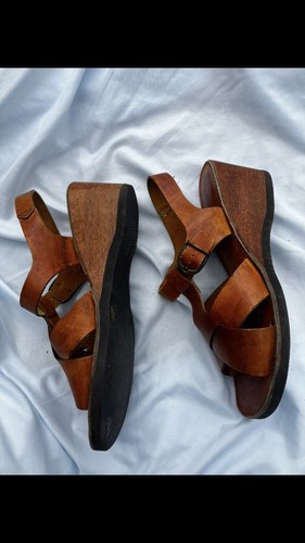 Vintage 70s Airstep Leather Wood 2” Heel Wedge Sandals Honey Brown Sz 8 - Picture 10 of 15