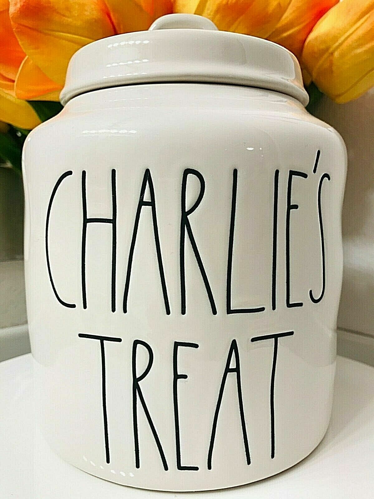 Rae Dunn CHARLIES TREAT Pet Dog Cat Treats Cookies Canister Wz Lid LL Farmhouse