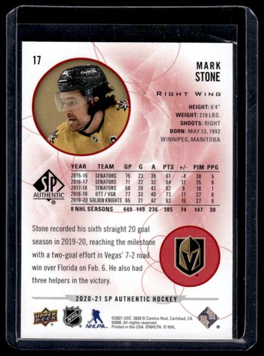 2020-21 SP Authentic Limited Red Mark Stone Vegas Golden Knights #17 - Picture 2 of 2