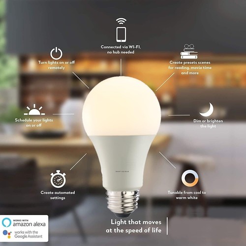 Diodesy 4PK Smart WiFi LED Light Bulbs, 2200K-6500K, 8W, 60W, 800 LM, E26 - Picture 2 of 6