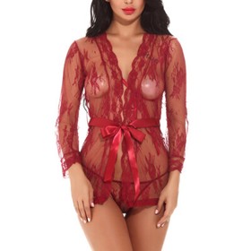 Sexy-Lingerie-Women-Lace-Nightwear-Sheer-Babydoll-Sleepwear-Kimono-Robe-US-FAST