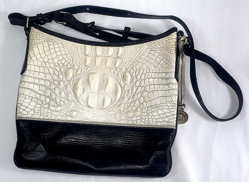 Brahmin Faux Croc Embossed Leather Jodi Sugar Zip Shoulder Bag Black & White - Picture 1 of 16