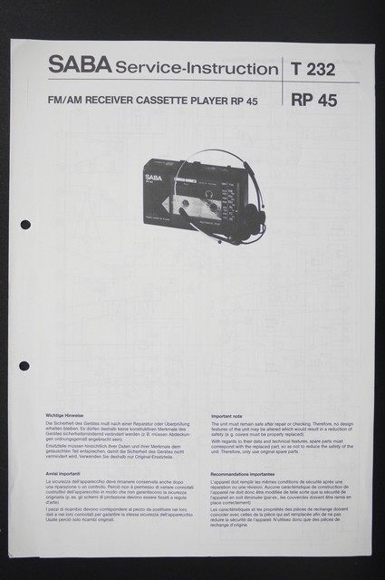 Saba Rp 45 Fm Am Cassette Player Service