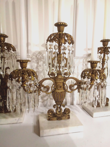 Antique Victorian Girandole (5 Candle) Candelabra Marble Brass Crystal(Set of 3)
