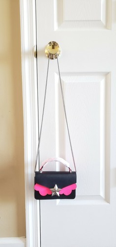 Les Jeunes Etoiles Black & Pink Fluo Leather Top Handle Vega Mini Bag - Picture 9 of 12