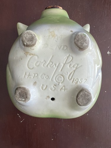 Hull Corky Pig Ceramic Piggy Bank Rare Green & White Glaze 1957 - Picture 6 of 7