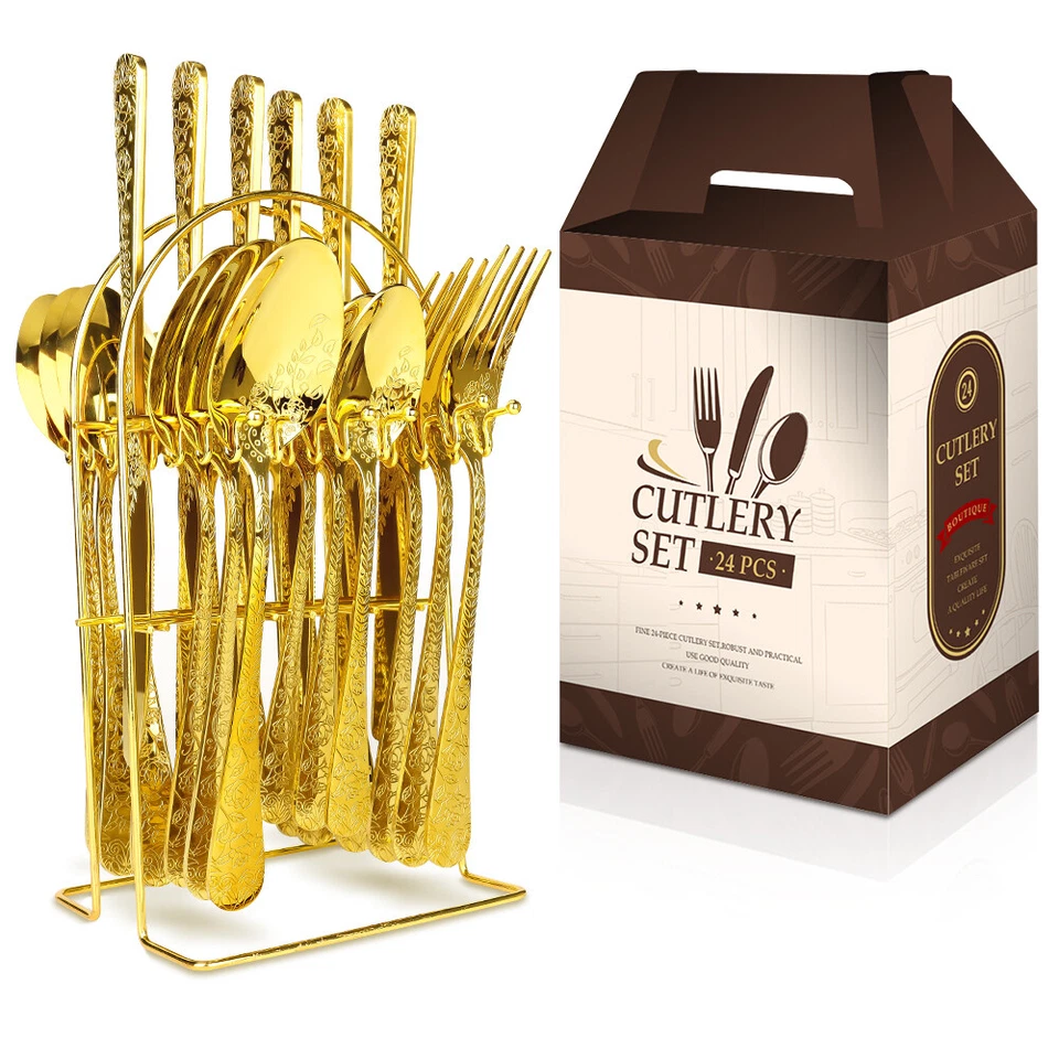 24 Tlg.Gold Besteckset Edelstahl Besteck mit Messer Gabel Löffel für 6 Personen - Bild 2 von 4