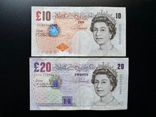 England 10, 20 Pounds Banknotes 1999-2000 old VF-Circulated Bank Bills 2pcs/Lot
