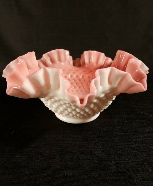 Vintage Fenton Art Glass Ruffled Rose Bowl White Hobnail