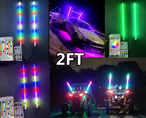 Pair 2FT Remote+Bluetooth Chasing LED Brake/Reverse/Turning Twisted Whips Lights - Picture 1 of 12