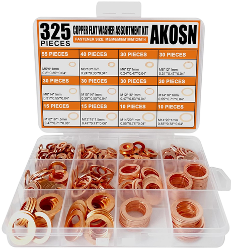 325 PCS, 10 Sizes, Premium Copper Metric Sealing Crush Washers Assortment Kit, U - Picture 8 of 12