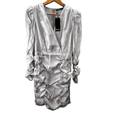 Nasty Gal Collection Shimmer Ruched Mini Dress size 6 NWT Silver Long Sleeve