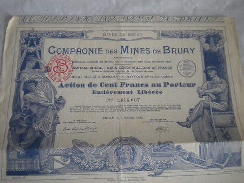 Certificado de acciones vintage bonos de acciones Compagnie des Mines de Bruay 1939 - Imagen 2 de 4