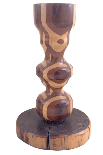 9" Artisan Lathe Turned Mixed Wood Candlestick Signed 'H. Blair,' Toulon, IL - Picture 2 of 10