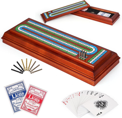 Wooden Cribbage Board Game Set with Large Storage Area, Solid Wood 3 Track Cribb - Picture 11 of 12