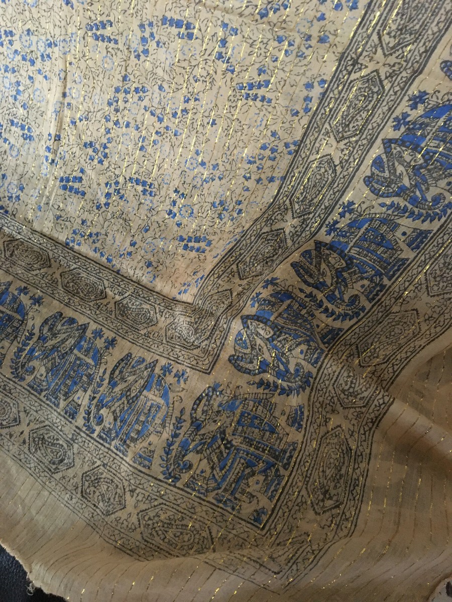 Foulard Carré Vintage Impression Indienne Bleu Beige - Coton Franges Roulotté Main 98x105cm - Occasion Très Bon état
