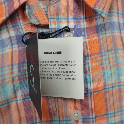 Brooks Brothers Fleece Shirt Men Medium Orange Blue Plaid Irish Linen Button NWT - Picture 4 of 8