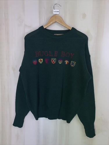 Vintage 80er-90er Bugle Boy grüner Strick embryoderierter mittlerer Pullover für Erwachsene