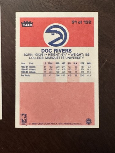 1986 Fleer #91 Doc Rivers Basketball Atlanta Hawks Rookie Card - Picture 2 of 2