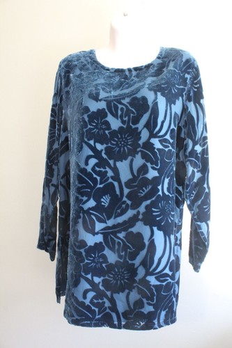 Silk Lore Shirt Womens M Blue Floral Velvet Devore Tunic NWT Silk Lined L/Sleeve - Picture 3 of 7