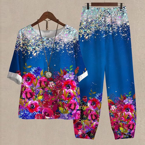 Ladies Cotton Linen Five Sleeve Printed Blouse Pants Two Piece Suit - Picture 5 of 44