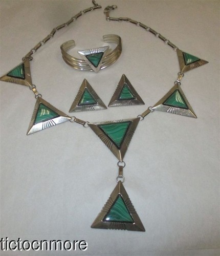 VINTAGE W DENETDALE NAVAJO INDIAN MALACHITE CUFF NECKLACE EARRINGS SET STERLING - Afbeelding 3 van 24