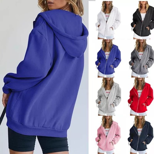Women Long Sleeve Plain Hoodie Tops Ladies Casual Baggy Zip Up Hooded Sweatshirt - Picture 1 of 28