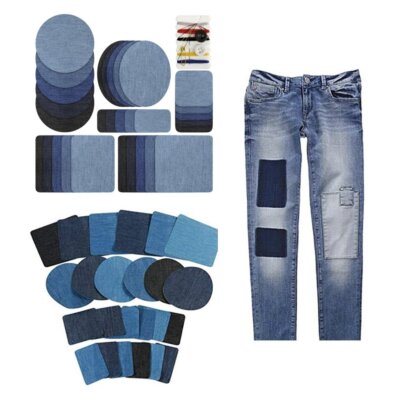 30pcs Iron-on Fabric Blue Black Round Rectangular Denim Jeans Jacket Clothing Pa