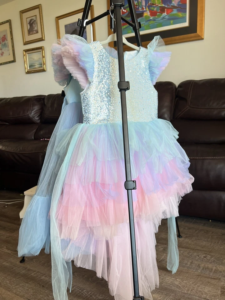 Girls Unicorn High Quality Dress Princess Birthday Party Fancy Dress 6-9 Yo - Image 3 of 4