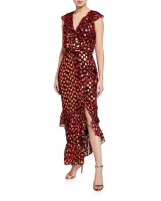 SALONI Red Black Floral Metallic Jacquard Chiffon Ruffle Cocktail Dress 2US  6UK