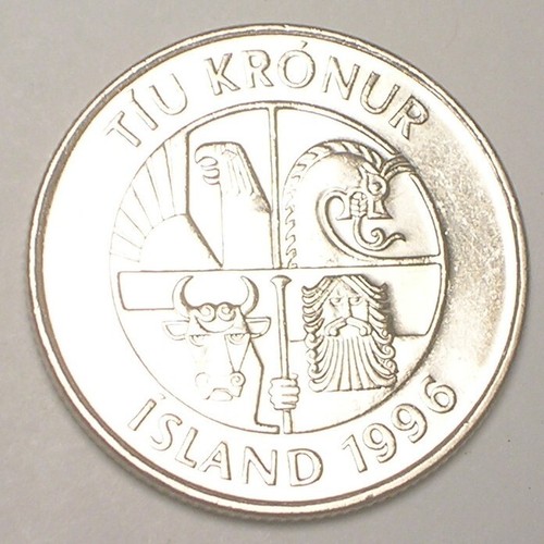 1996 Iceland Icelandic 10 Kronur Capelins Fish Coin XF+ - Picture 2 of 2