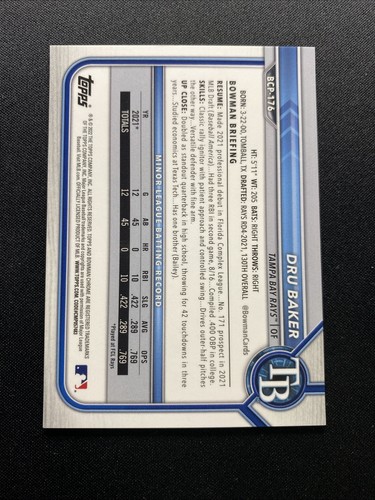 2022 Bowman Chrome Sapphire Dru Baker 1st Bowman Purple Refractor #/25 #BCP-176 - Picture 2 of 2