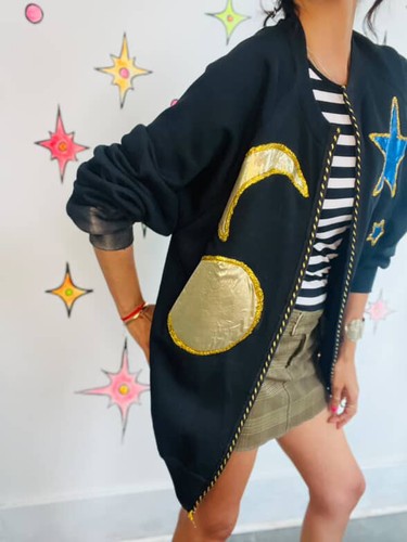 Vintage 80s Black Embellished Celestial Witchy Stars Moons Sweater L XL - Bild 12 von 12