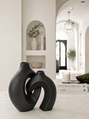 Set of 2 Black Matte Abstract Modern Decorative Free Standing Vases 3d printed