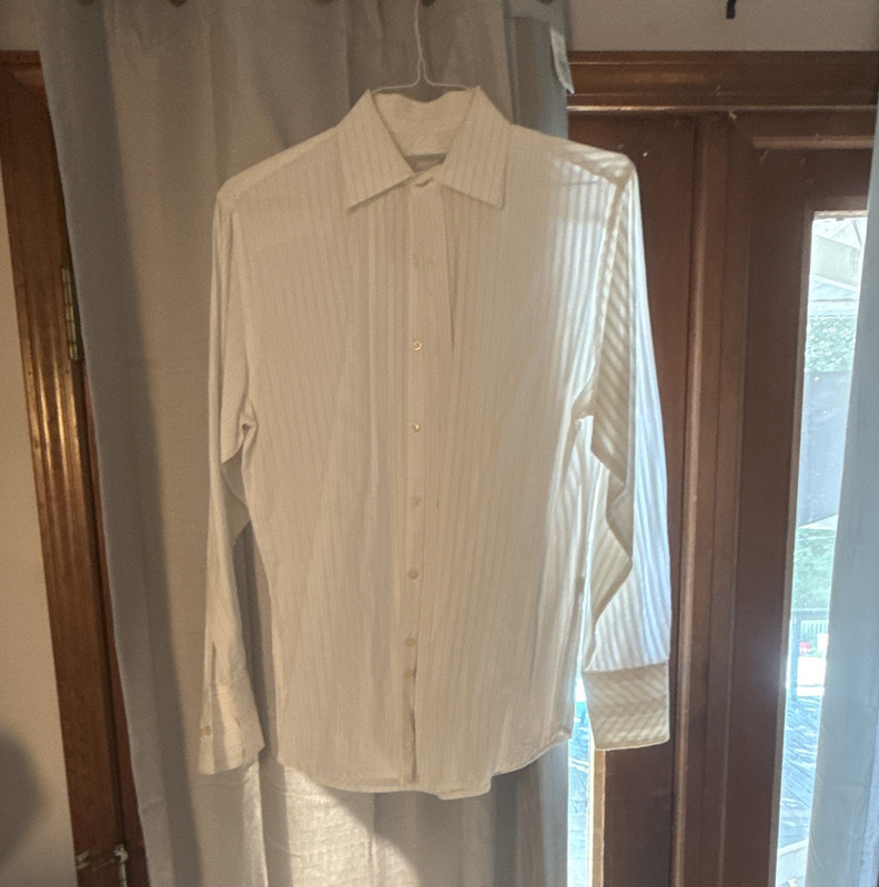 Utility Men's M White Striped Long Sleeve Button Front Point Collar Shirt