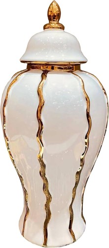 14" Ceramic Ginger jar vase electroplated Striped 14in, White and Gold  - Bild 1 von 6