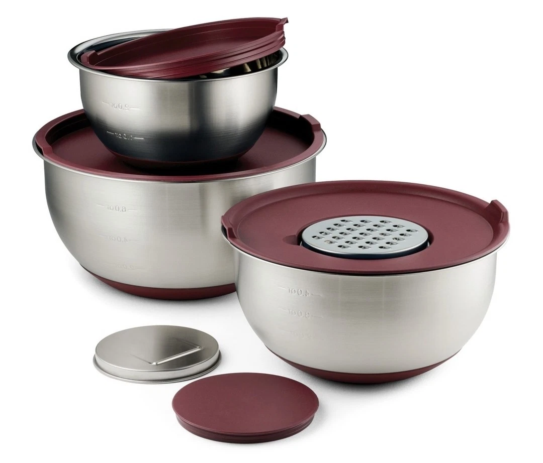NEW Tramontina 8 Piece Stainless Steel Mixing Bowl and Grater Set with Lids Red