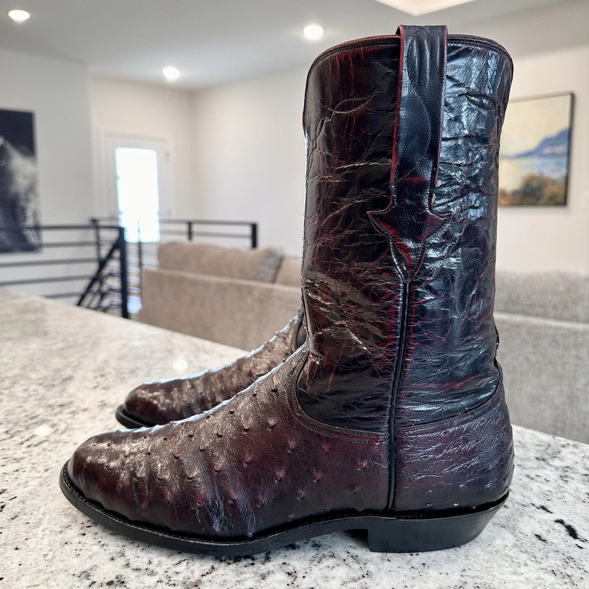 Bottes Lucchese Classics En Autruche Incrustée - Homme 10.5 A Extra Étroit - Noir Cerise Vintage