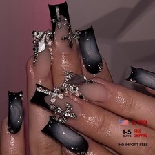 Press on Nails - Long Square Fake Nails with Goth Black French 099A01Black