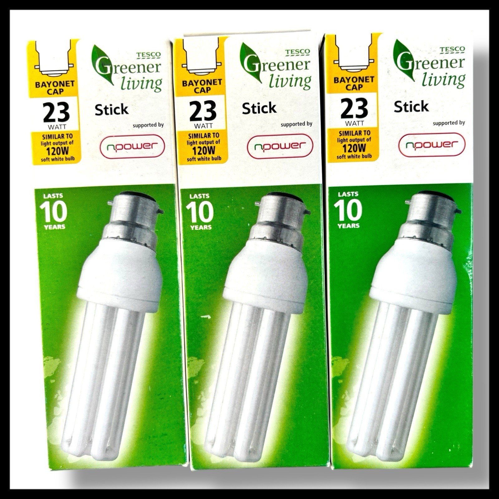 3 x Pack Tesco 10 YEARS Greener Living Stick 23W=120W BAYONET bulbs