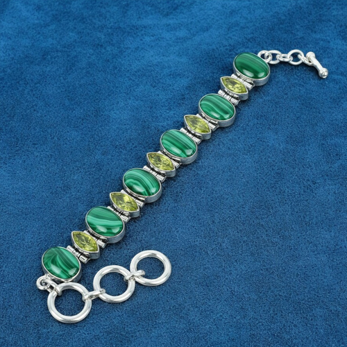 Malachite Peridot Bracelet 925 Sterling Silver Handmade Gemstone Link Jewelry - Picture 7 of 8