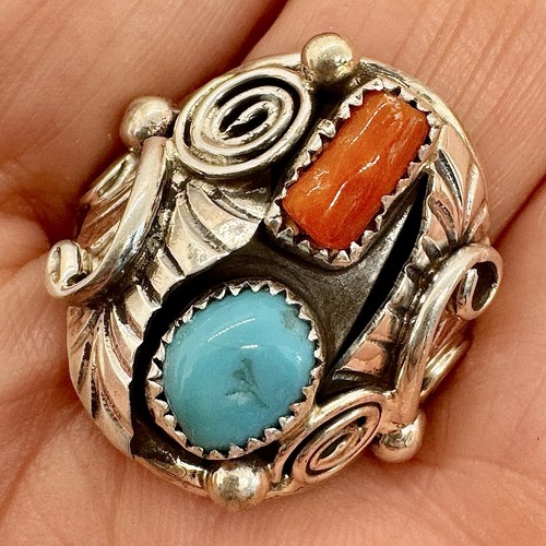 Navajo Herren Nugget Türkis Koralle Ring Größe 10. 5 Sterling von L braun 9,7g