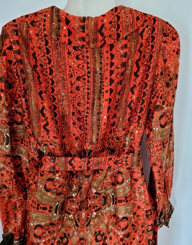 Vintage Elegance Sz M Pure Silk Red Pattern Longsleeve Long Dress - Picture 8 of 16