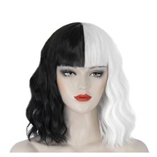 Peluca corta rizada Bob 14" negra blanca ondulada Cruella Deville Halloween Juegos con disfraces