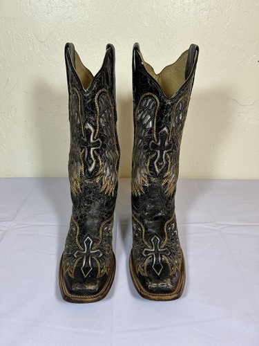 Corral Vintage A1986 Black Distressed Leather Wing Cross Cutout Women Size 6.5 M - Picture 6 of 11