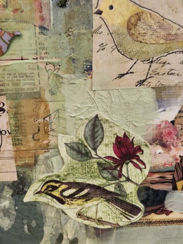 COLLAGE "BIRDS" Multi-Materials 12 X 12 Outsider Art - Picture 6 of 10