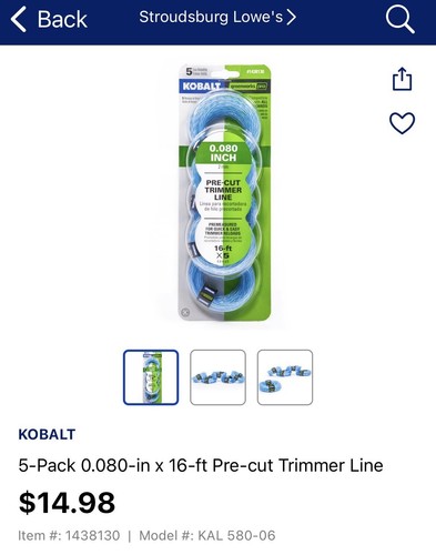 NEW 1 Pack Kobalt greenworks of 5 easy 0.080 reloading trimmer refills #1438130 - Picture 3 of 3