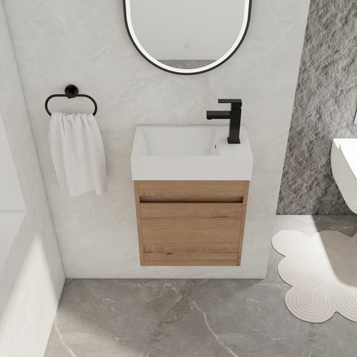 Tocador de baño flotante montado en la pared de 18" con lavabo de resina con madera contrachapada para puerta - Imagen 4 de 12