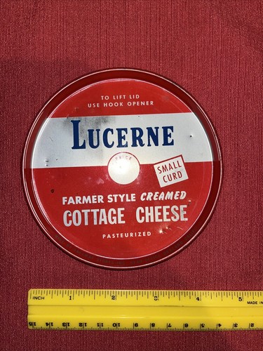 Vintage Safeway Lucerne Farmer Style Creamed Small Curd Cottage Cheese Metal Lid - Picture 2 of 12