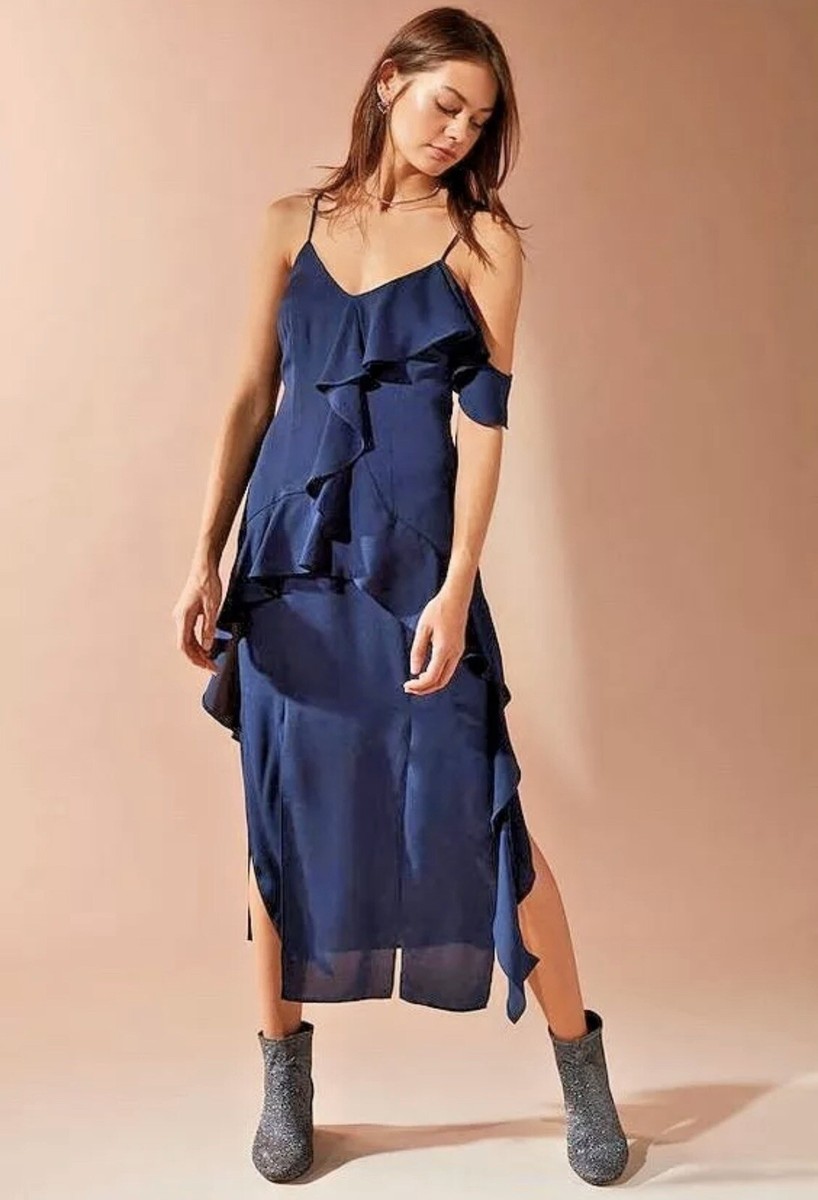Keepsake Love Bound Ruffle Midi Dress - Navy Xs at Urban Outfitters